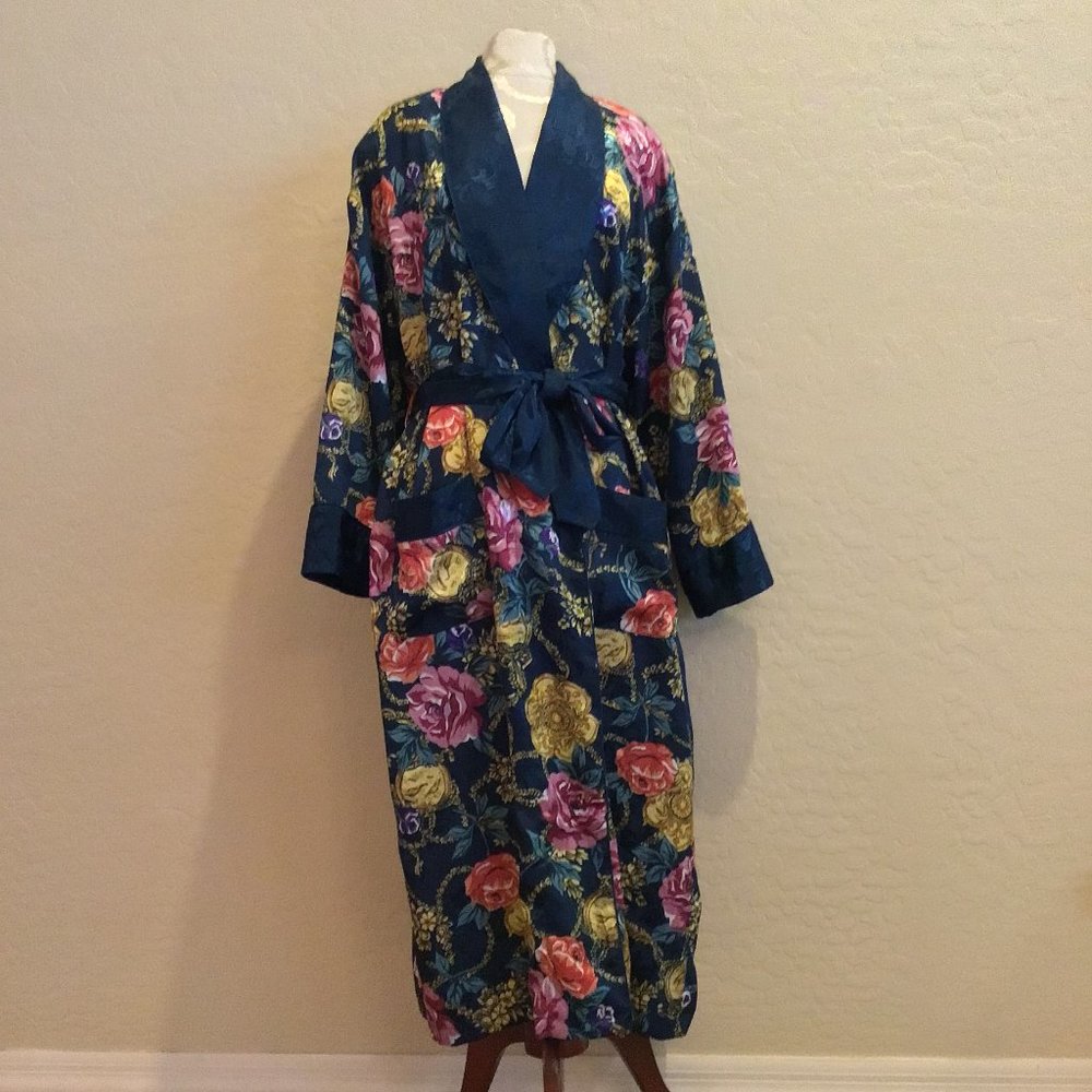 VTG VICTORIA'S SECRET GOLD LABEL Floral Satin Long Robe Kimono Cottagecore M/L